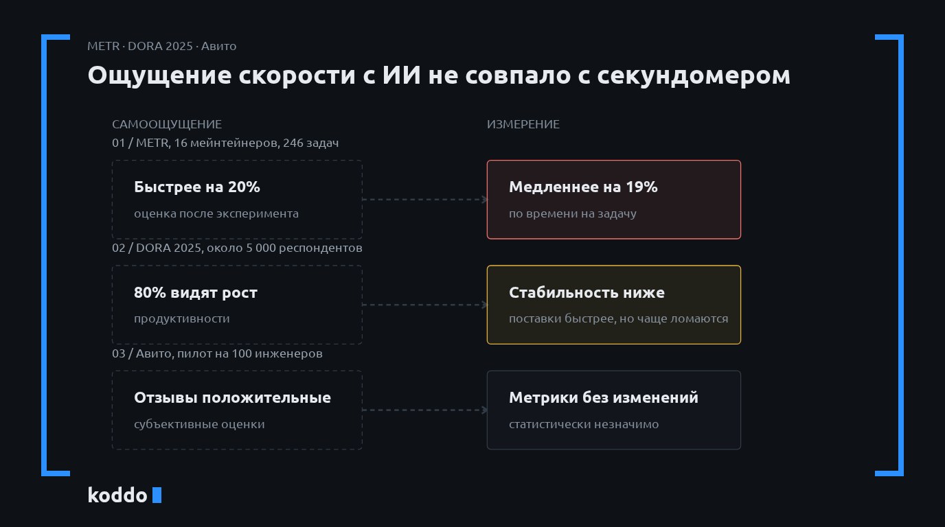 Три сравнения самоощущения и измерения: METR — разработчики верили в +20% скорости, измерено −19%; DORA 2025 — 80% видят рост продуктивности, стабильность поставок ниже; Авито — отзывы положительные, метрики без изменений