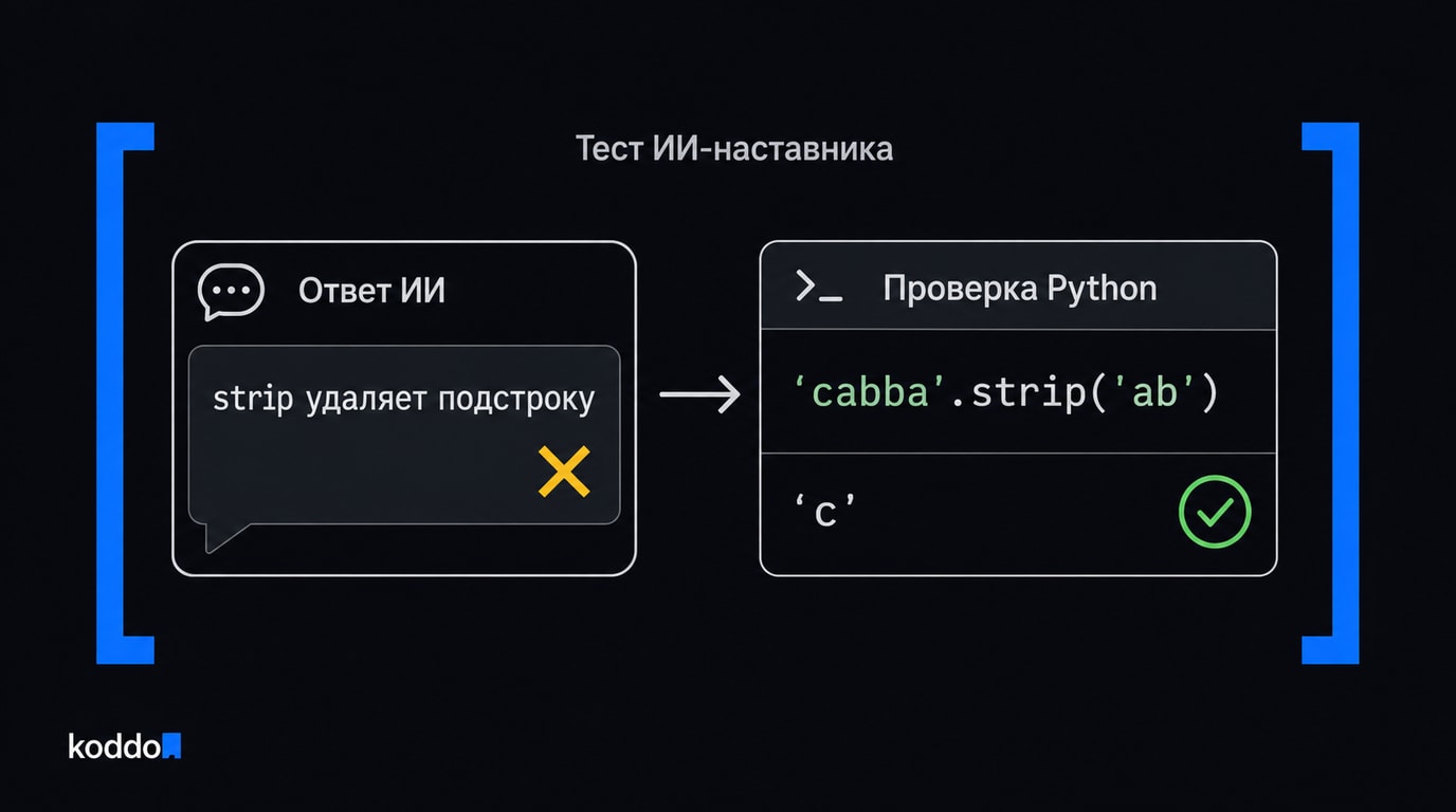 Ошибочное объяснение strip в ответе ИИ сверяется с запуском Python: выражение возвращает строку c