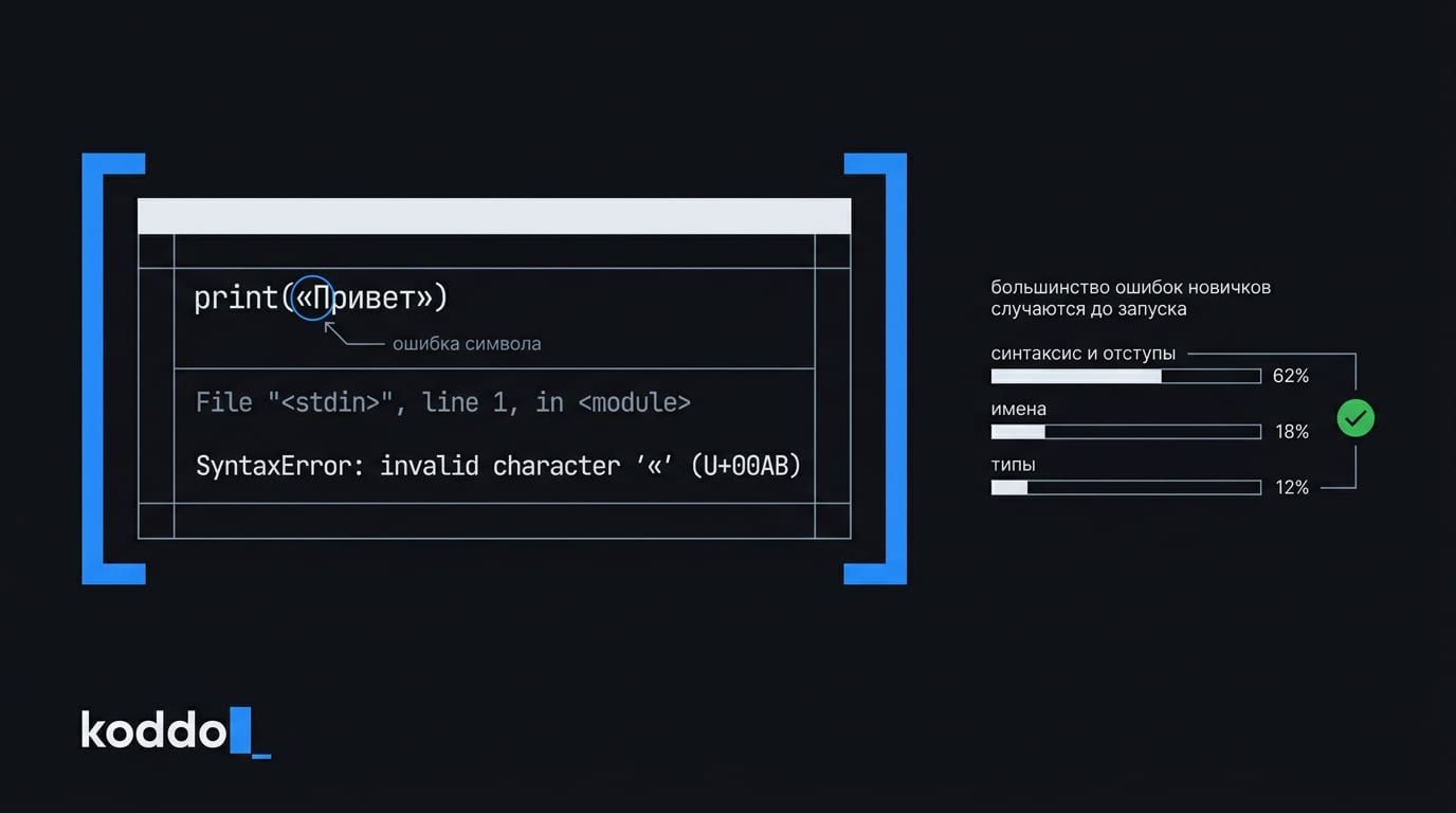Трейсбек Python с обведённой кавычкой-ёлочкой в print(«Привет») и столбики: синтаксис и отступы 62%, имена 18%, типы 12%