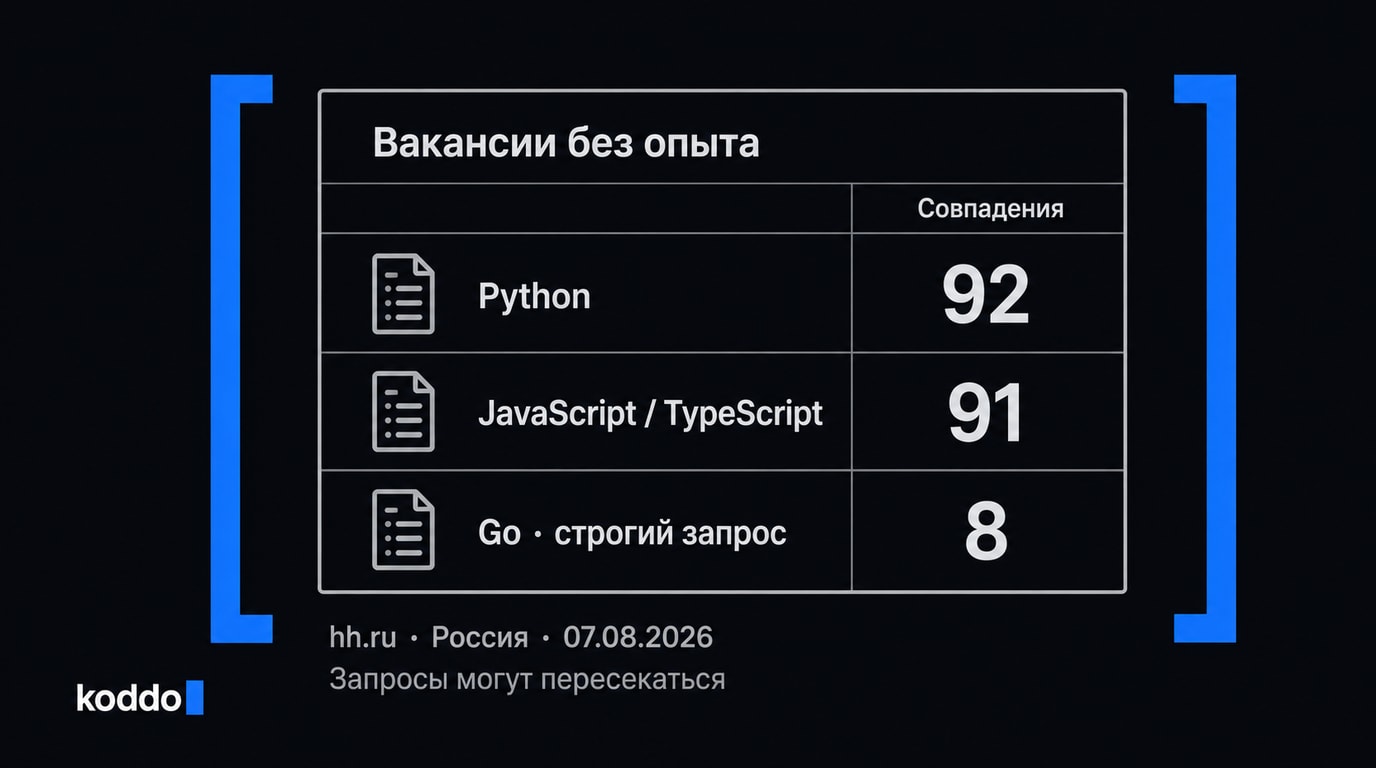 Сравнение совпадений в вакансиях без опыта: Python — 92, JavaScript или TypeScript — 91, строгий запрос Go — 8; hh.ru, 7 августа 2026 года