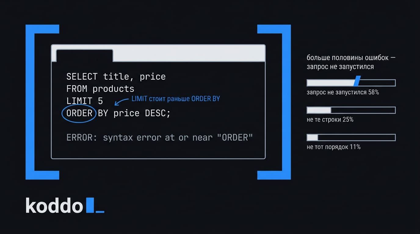 Запрос, где LIMIT 5 стоит раньше ORDER BY, ошибка syntax error at or near "ORDER" и столбики: запрос не запустился 58%, не те строки 25%, не тот порядок 11%